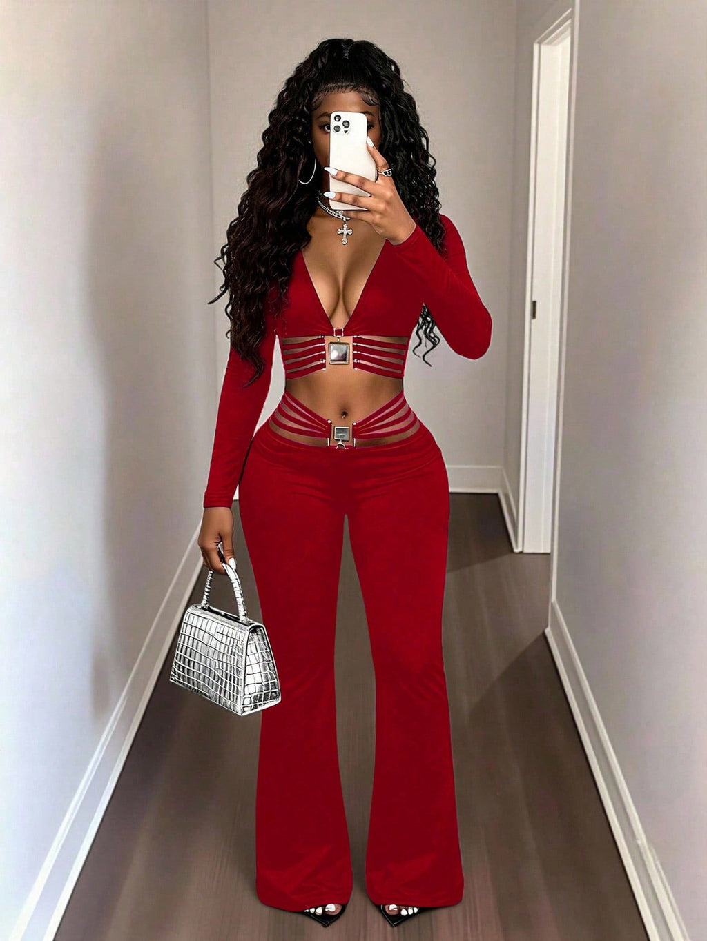 Black High-waist Flared Pants With Tummy-control And Butt-lifting Features