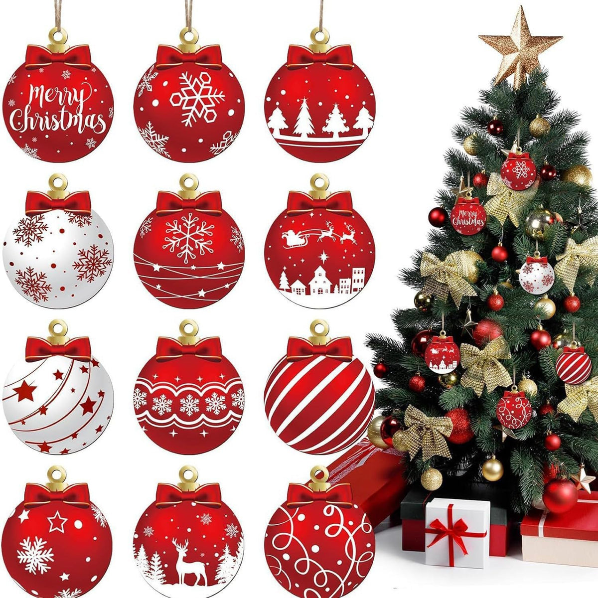 Red White Wooden Christmas Ornaments 12 Units