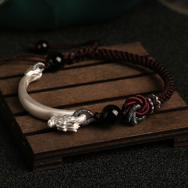 S925 Silver Dragon Knot Braided Cord Bracelet
