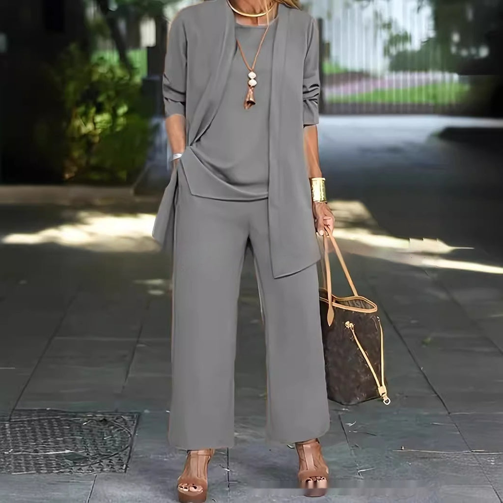 3-piece Cardigan Suit Pure Color Split Sleeveless Vest Top Long Sleeve Jacket And Wide Leg Pants Set