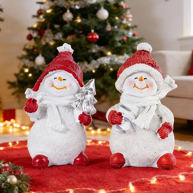 2-Piece Red Resin Snowman Figurine Set, Winter Home Decor