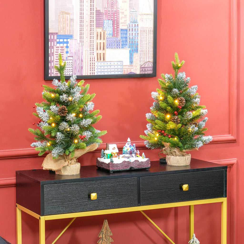 Two 2 ft Pre-Lit Christmas Trees with Berries and Pinecones
