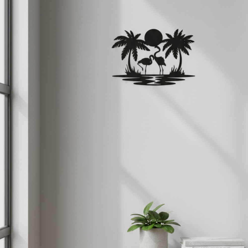Palm Trees & Flamingos Sunset Metal Silhouette