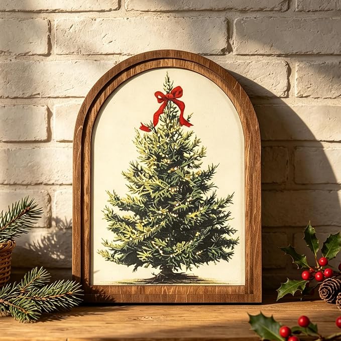 Christmas Tree Arched Framed Wall Art, Festive Holiday Home Decor