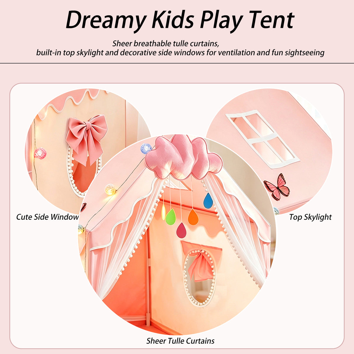 Kids Princess Play Tent with String Lights