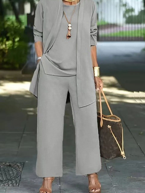 3-piece Cardigan Suit Pure Color Split Sleeveless Vest Top Long Sleeve Jacket And Wide Leg Pants Set