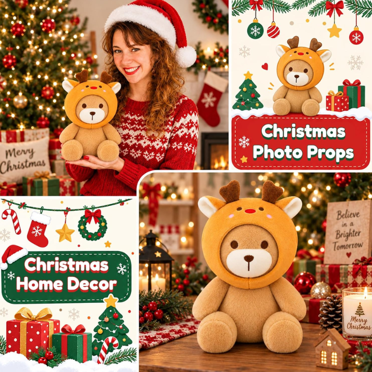 Christmas Teddy Bear with Removable Reindeer Hat