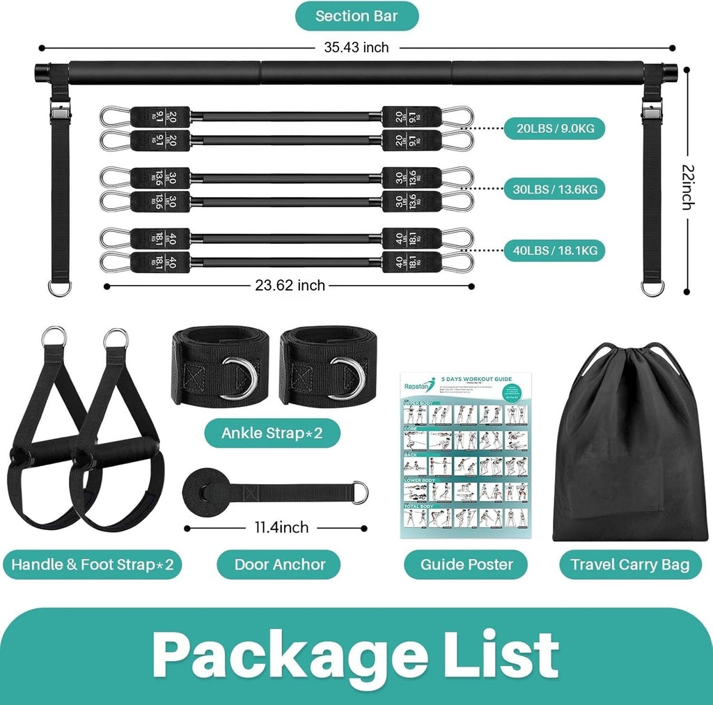 Pilates Bar Kit With 6 Resistance Bands Home Gym Fitness Training Workout Set