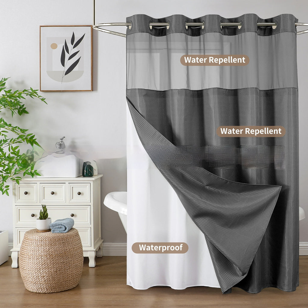 Solid-color Waffle-patterned Double-layer Large-loop-lined Shower Curtain
