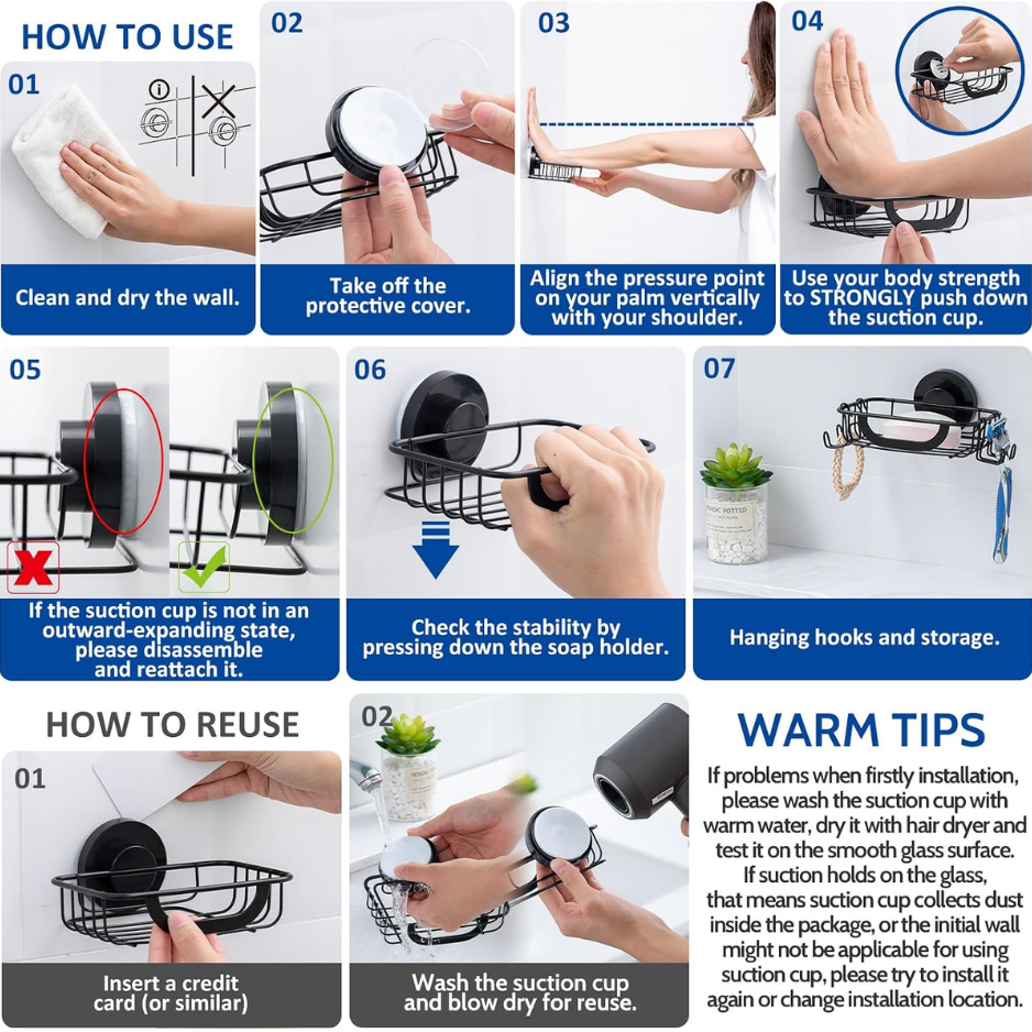 Stainless Steel Soap Holder With Suction Cup & Hooks, Black
