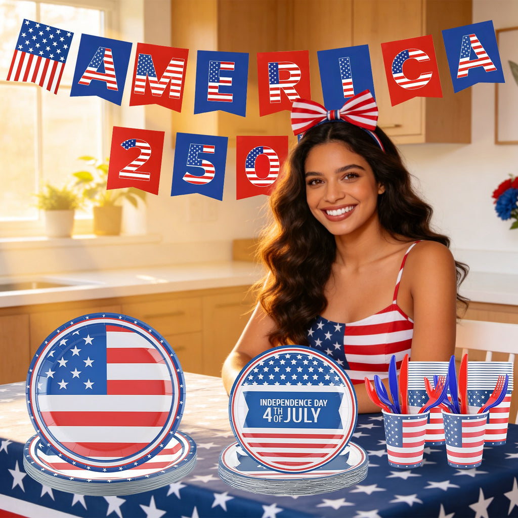 181Pcs 4th Of July 250th Anniversary Party Supplies Set Independence Day Red White Blue Disposable Tableware With Plates Cups Cutlery Napkins Banner Tablecloth Serves 24 For Memorial Day National Hol