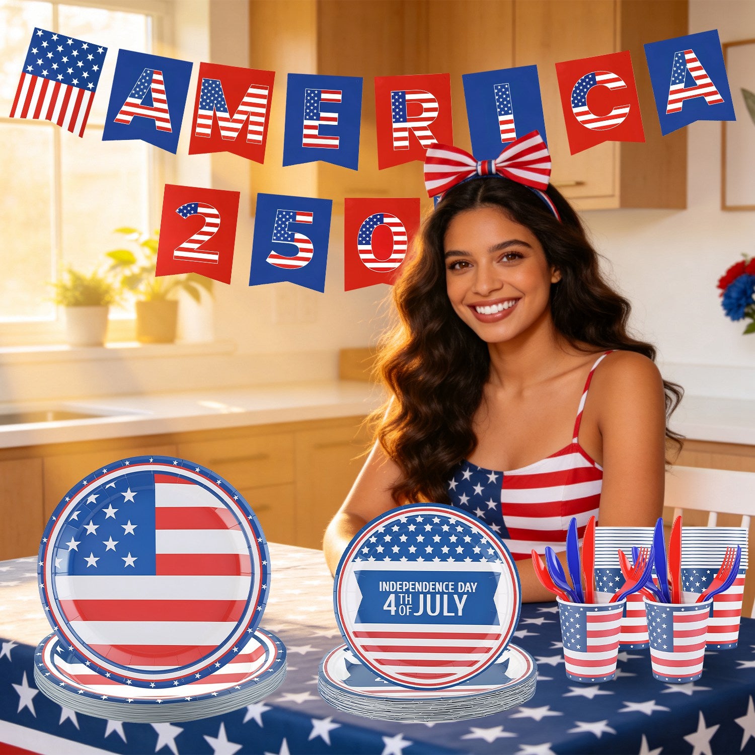 181Pcs 4th Of July 250th Anniversary Party Supplies Set Independence Day Red White Blue Disposable Tableware With Plates Cups Cutlery Napkins Banner Tablecloth Serves 24 For Memorial Day National Hol