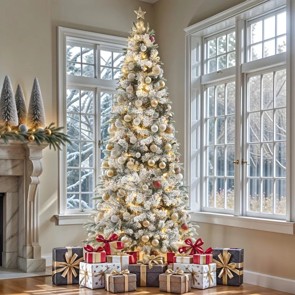 7.5ft Pre-lit Snow Flocked Pencil Christmas Tree with 1000 Branch