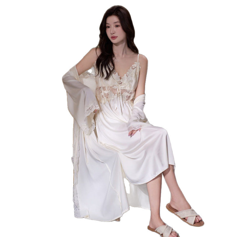 Ice Silk Suspender Nightgown With Chest Cushion Pure Lace Long Robe