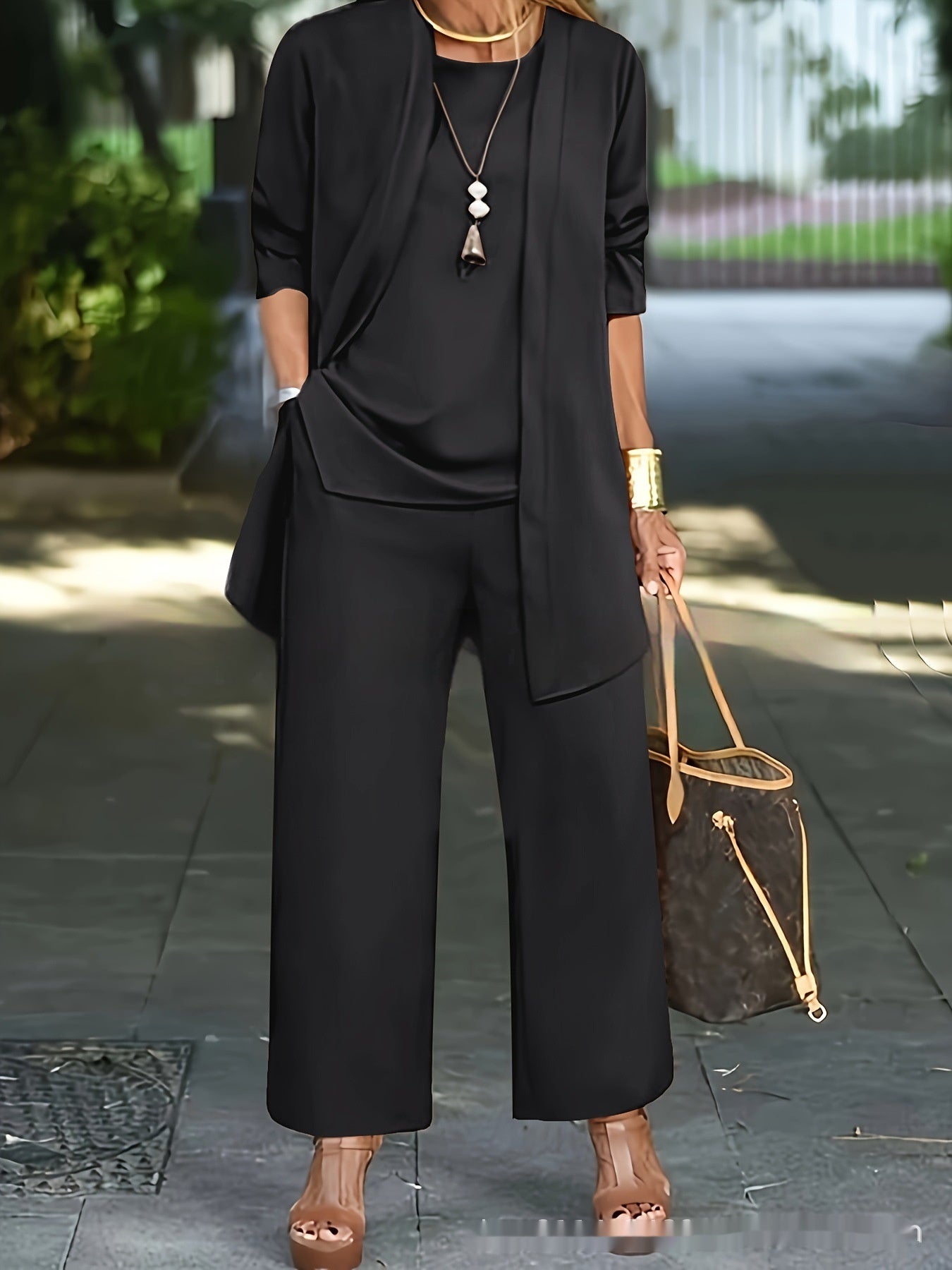 3-piece Cardigan Suit Pure Color Split Sleeveless Vest Top Long Sleeve Jacket And Wide Leg Pants Set