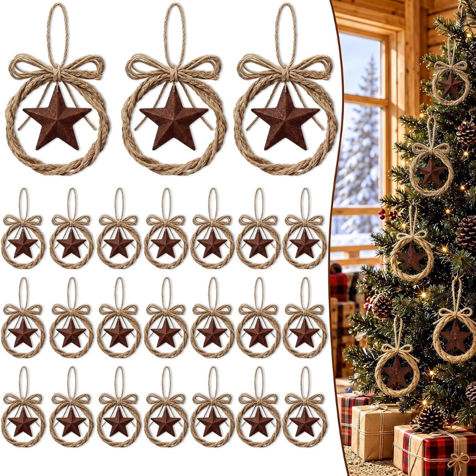 24 Pcs Western Christmas Ornaments Jute Rope Star Xmas Tree Decor