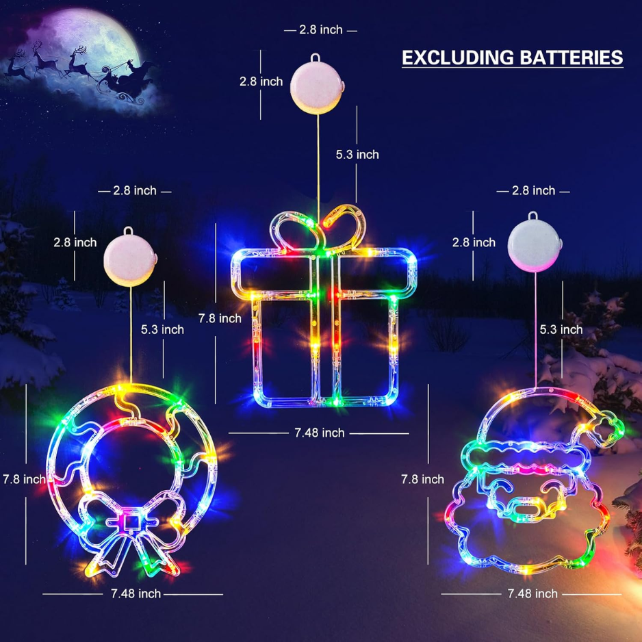 3 Pack Christmas Window Lights, Wreath, Gift Box & Santa