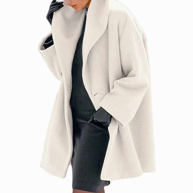 Plus Size Women's Solid Color Round Neck Button Coat