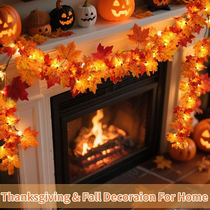 10FT 50 LED Fall Garland With Lights, Battery Operated Timer Garland