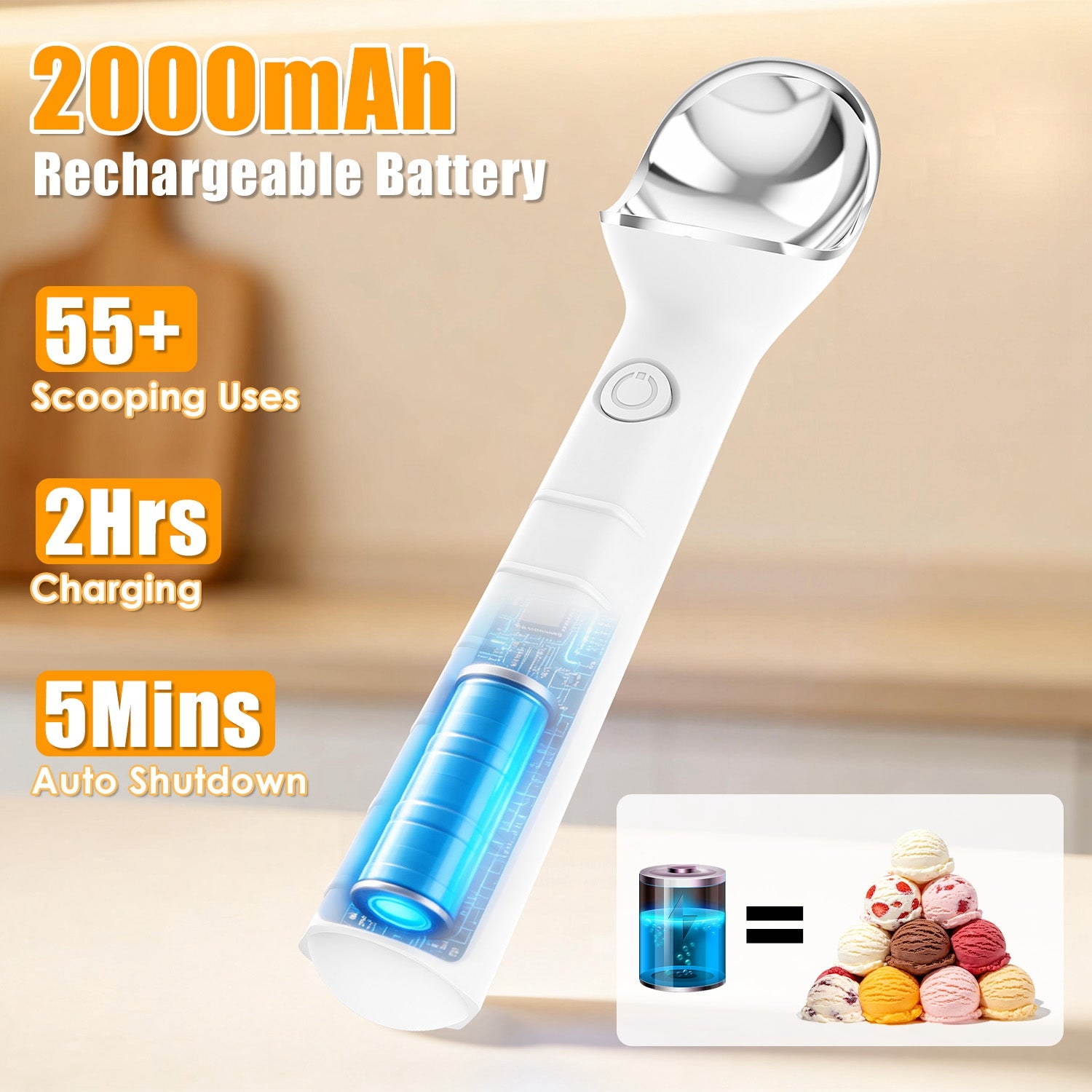 1Set Heated Ice Cream Scoop Rechargeable Electric Ice Cream Scooper IP66 Waterproof 45S Fast Heating  5Min Auto Shutoff For Hard Ice Cream Gelato Yogurt