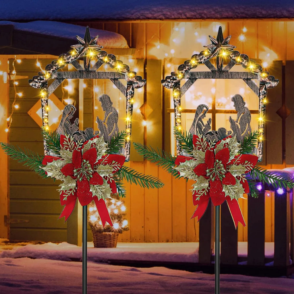 2 Pcs Nativity Scene Outdoor Yard Stakes Metal Christmas Light