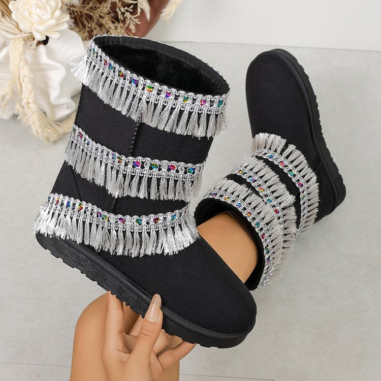 Women's Tassel Beaded Platform Short Shaft Boots