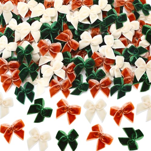180Pcs Christmas Mini Bows, Velvet Small Bow Xmas Green Beige Khaki