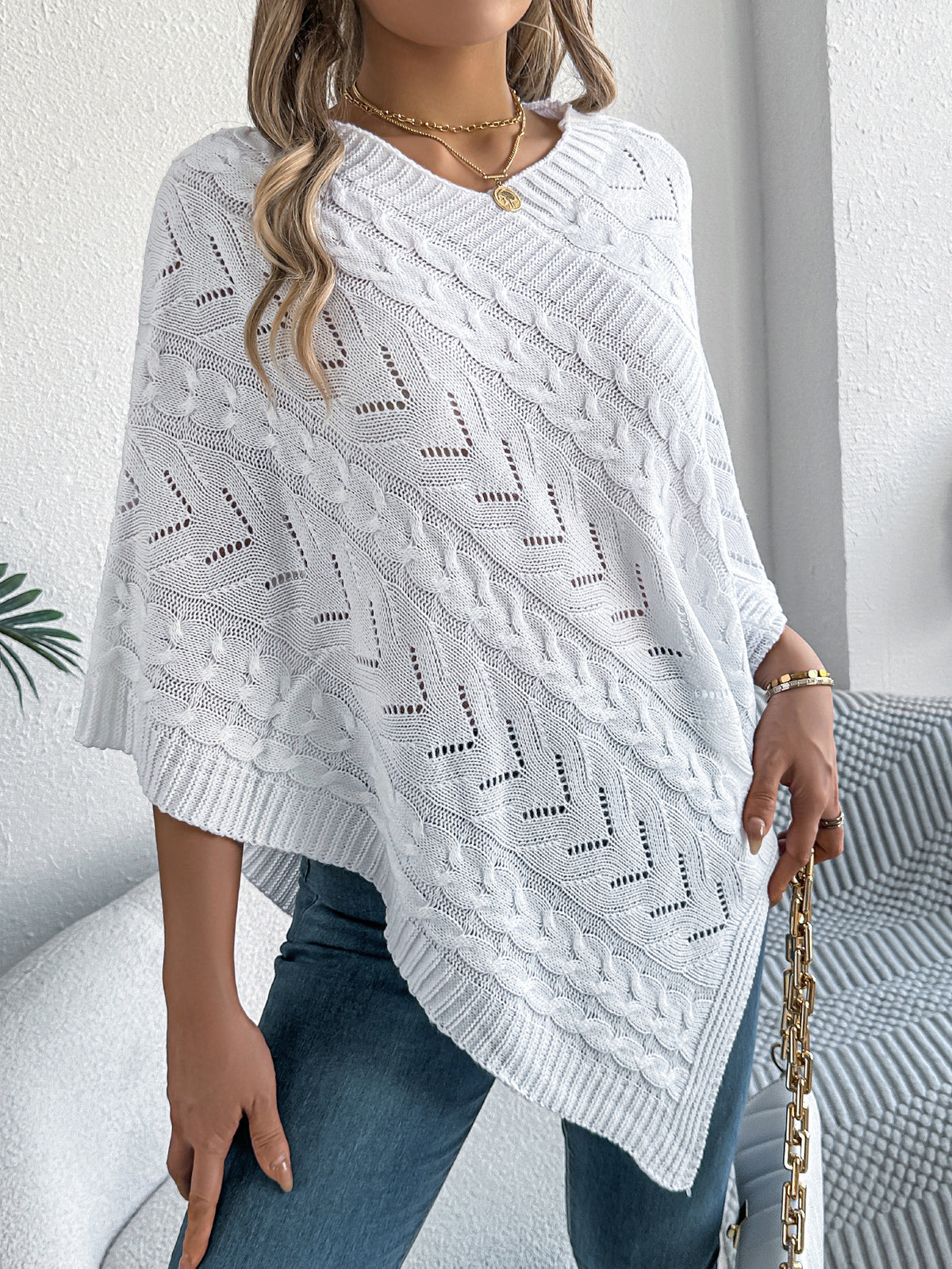 Casual Solid Color Cable Knit Loose Poncho Sweater Coat