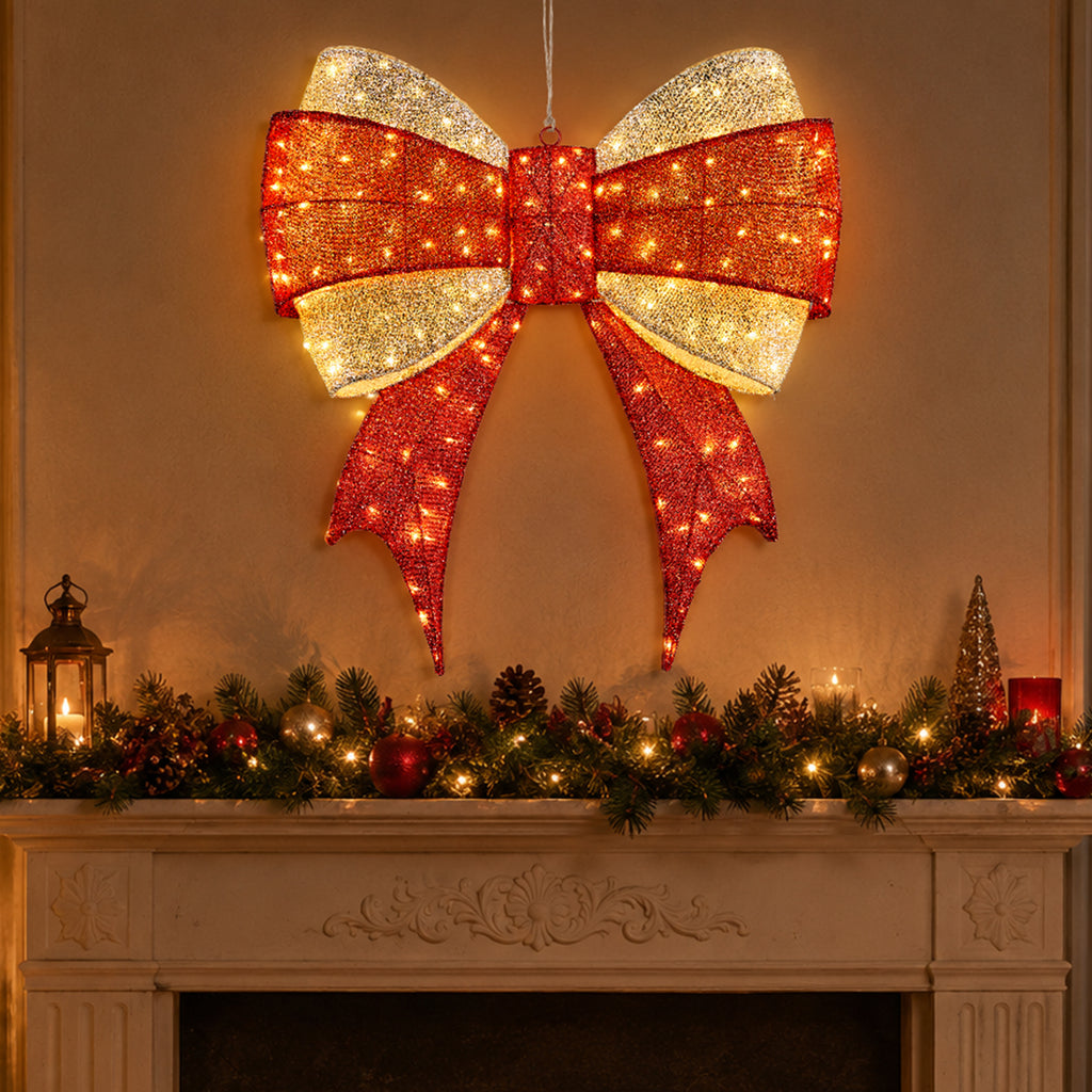 3 ft Lighted Red & Gold Christmas Bow - 200 Warm White LEDs