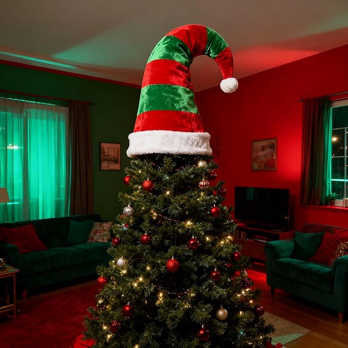 Giant Red & Green Striped Christmas Tree Topper Hat