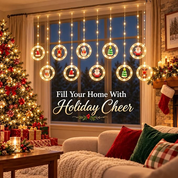 120 LED Christmas Curtain Lights with Holiday Figures, Remote & Timer