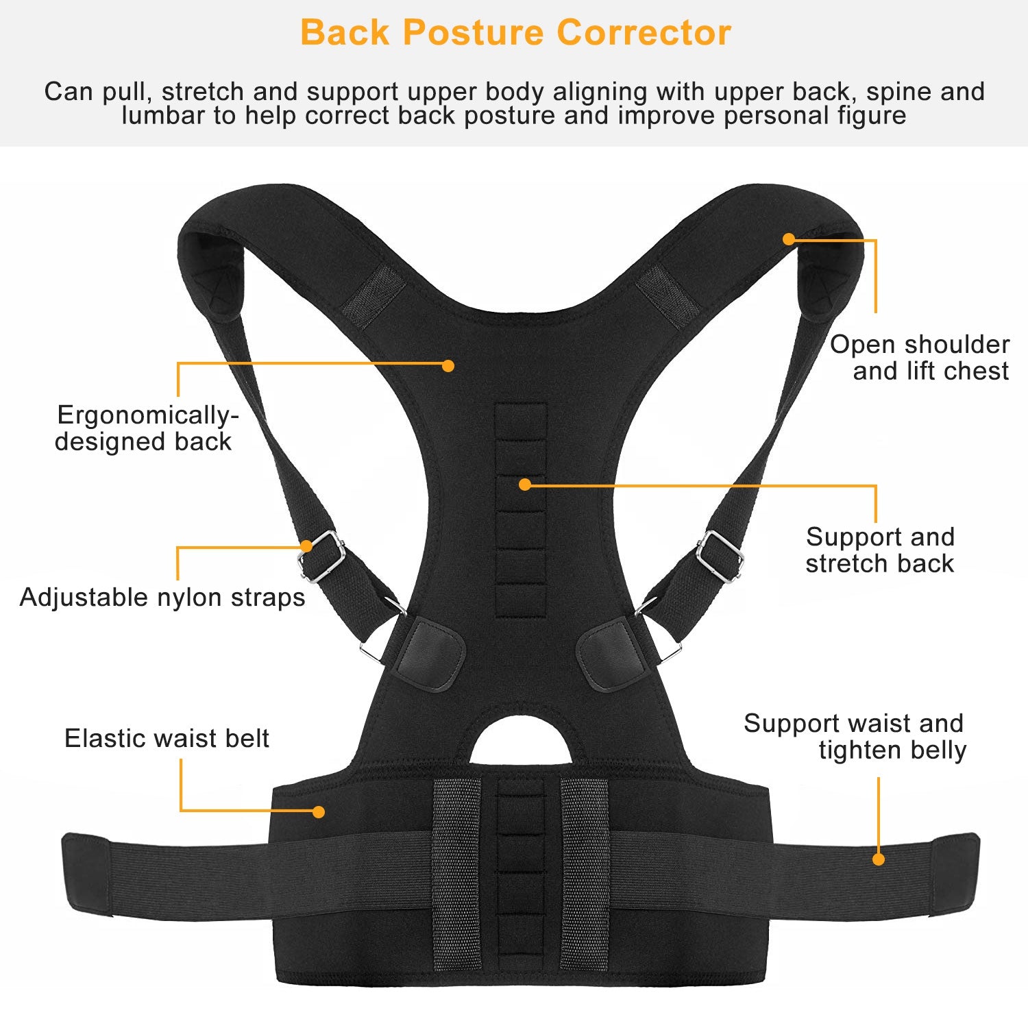 Unisex Posture Corrector Support Magnetic Lumbar Back Posture Support Belt Adjustable Upper Back Braces Clavicle Shoulder Brace Belt Pain Relief Therapy