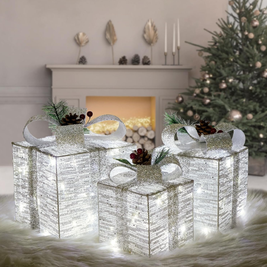 Set Of 3 Silver Christmas Lighted Boxes