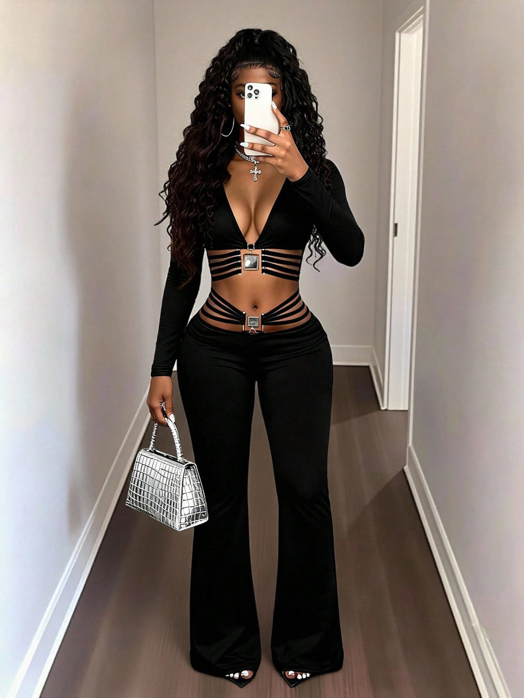 Black High-waist Flared Pants With Tummy-control And Butt-lifting Features