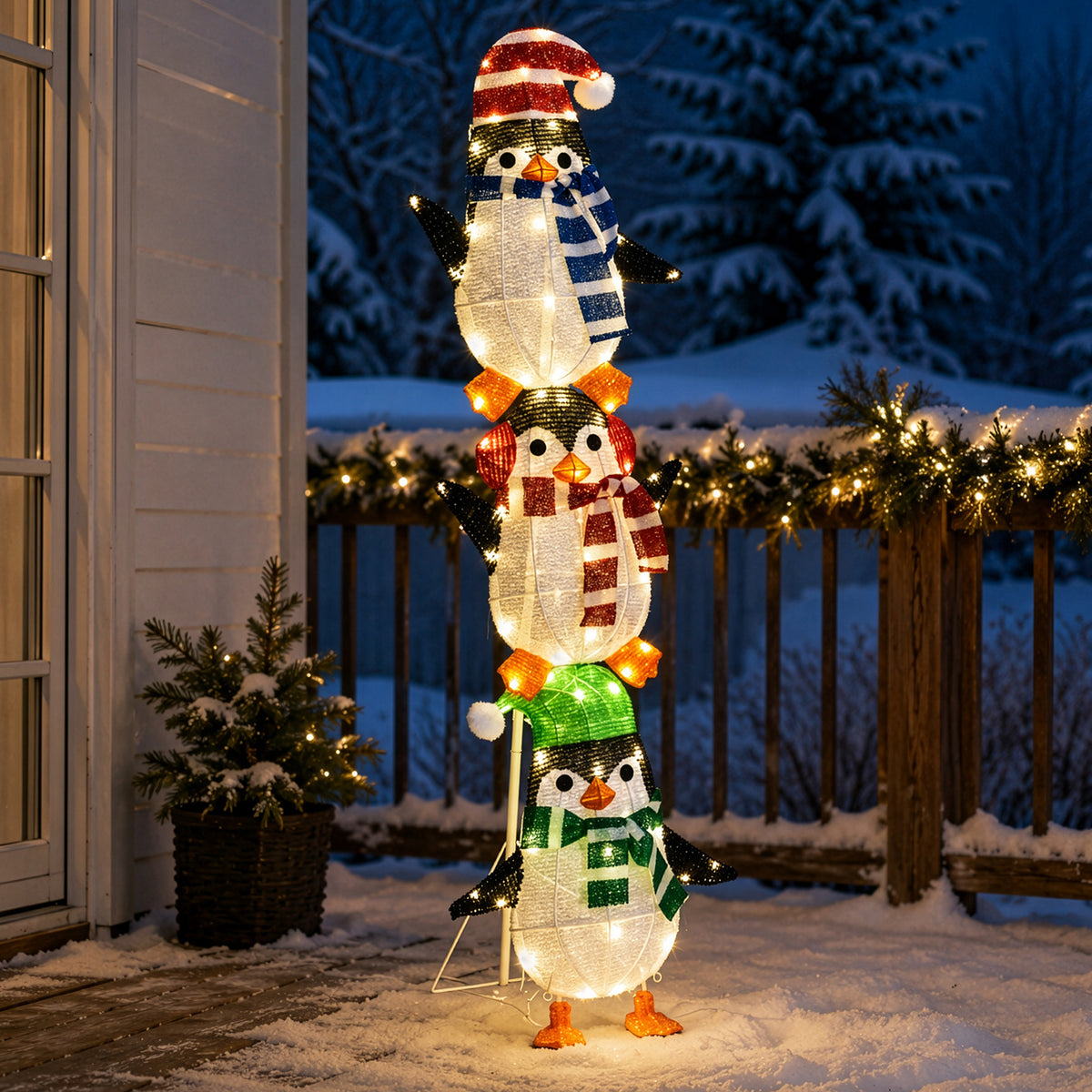 4 ft Lighted 2.5D Stacked Penguins - 63 Warm White LEDs