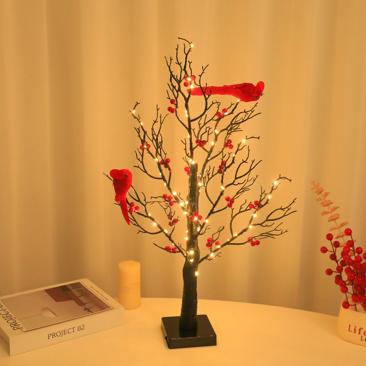 Lighted Mini Birch Tree with LED Cardinals