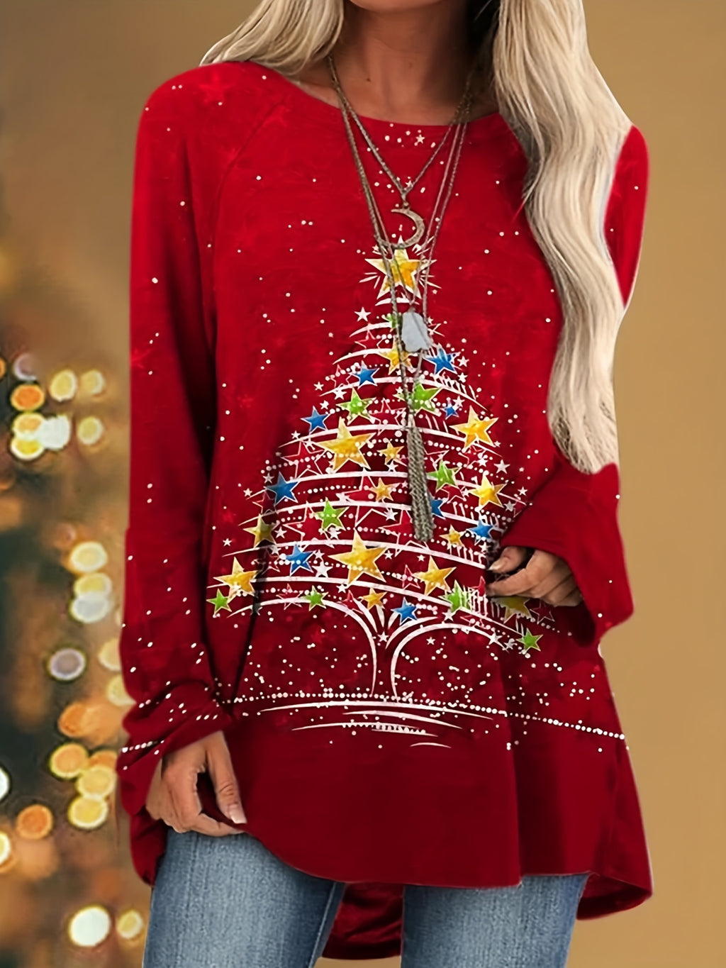 Women's Christmas Tree Star Print Tunic Top