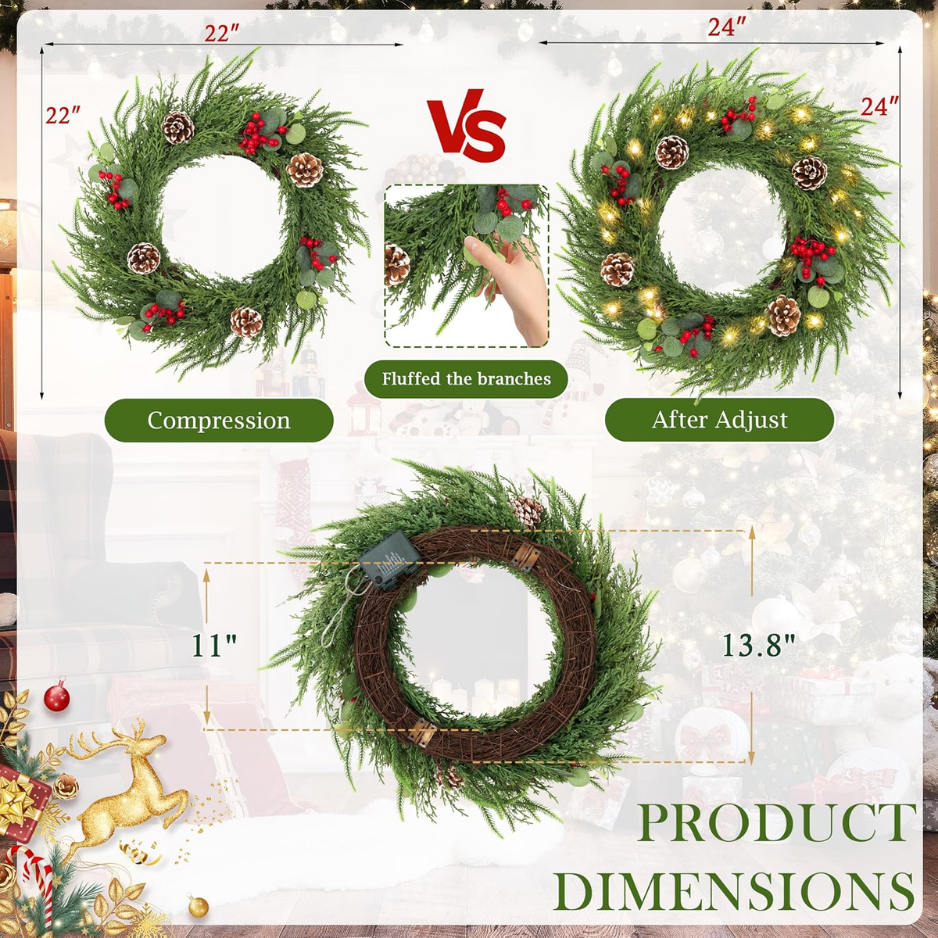 24INCH Christmas Eucalyptus Wreath With 50 LED Lights For Front Door