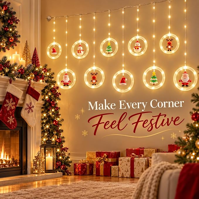 120 LED Christmas Curtain Lights with Holiday Figures, Remote & Timer