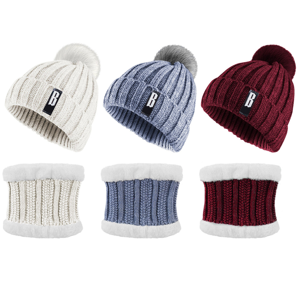 1Set Winter Beanie Hat Scarf Set Women Warm Knitting Skull Cap Neck