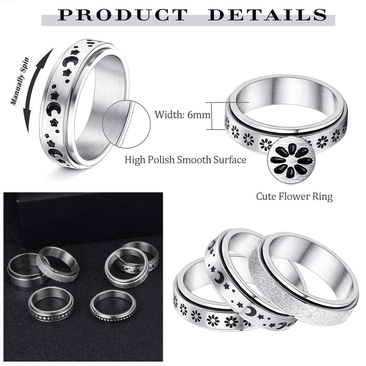 Moon & Stars Stainless Steel Spinner Ring