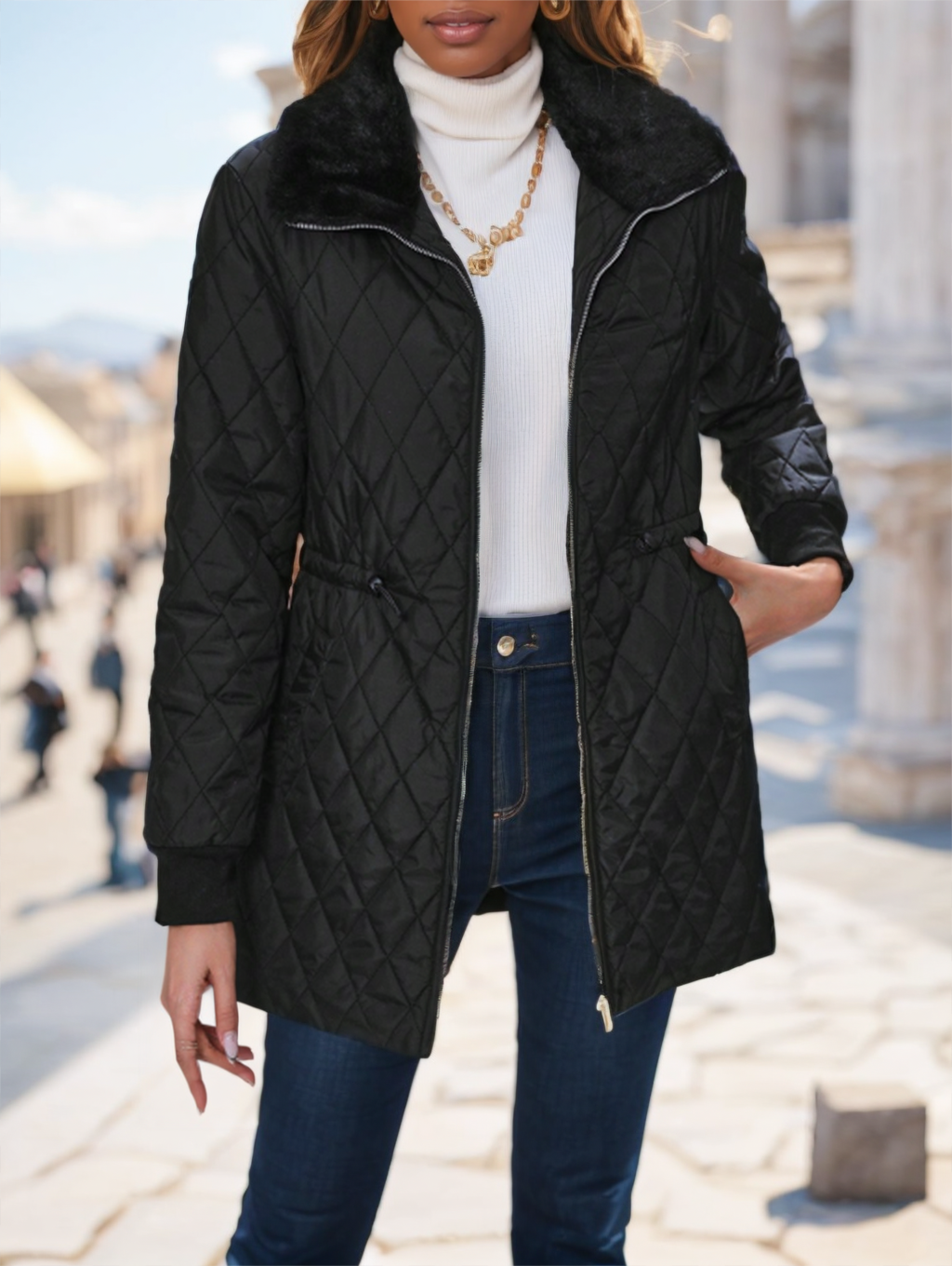 Women's Fur Collar Drawstring Padded Winter Coat