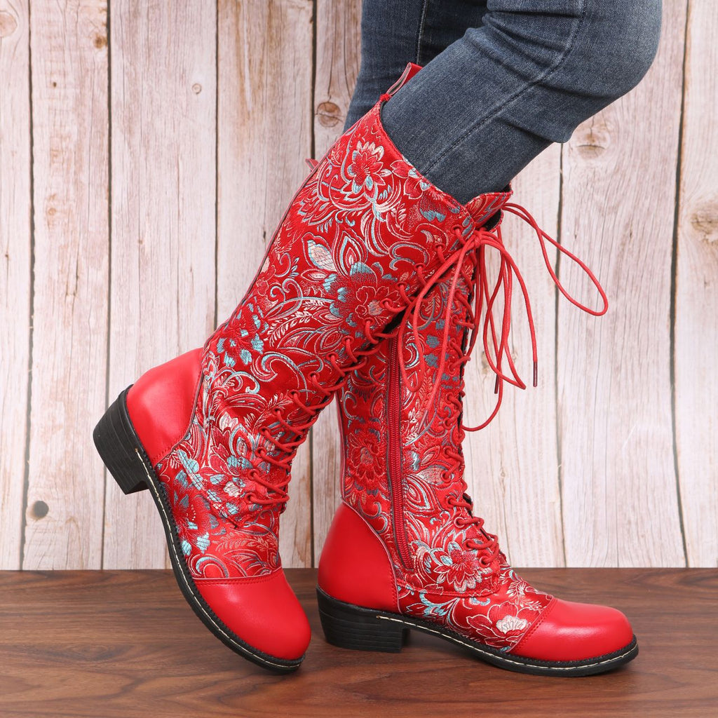 Women's Retro Floral Print Lace-Up Winter Boots