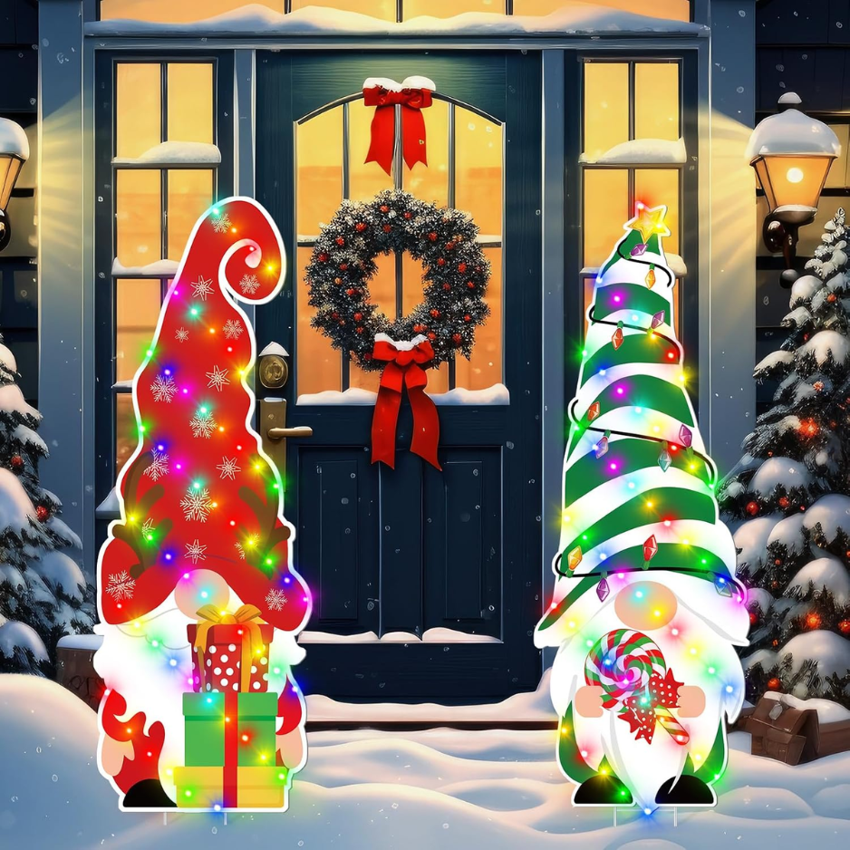 Christmas Gnome Yard Stakes with LED Lights, 2 pcs
