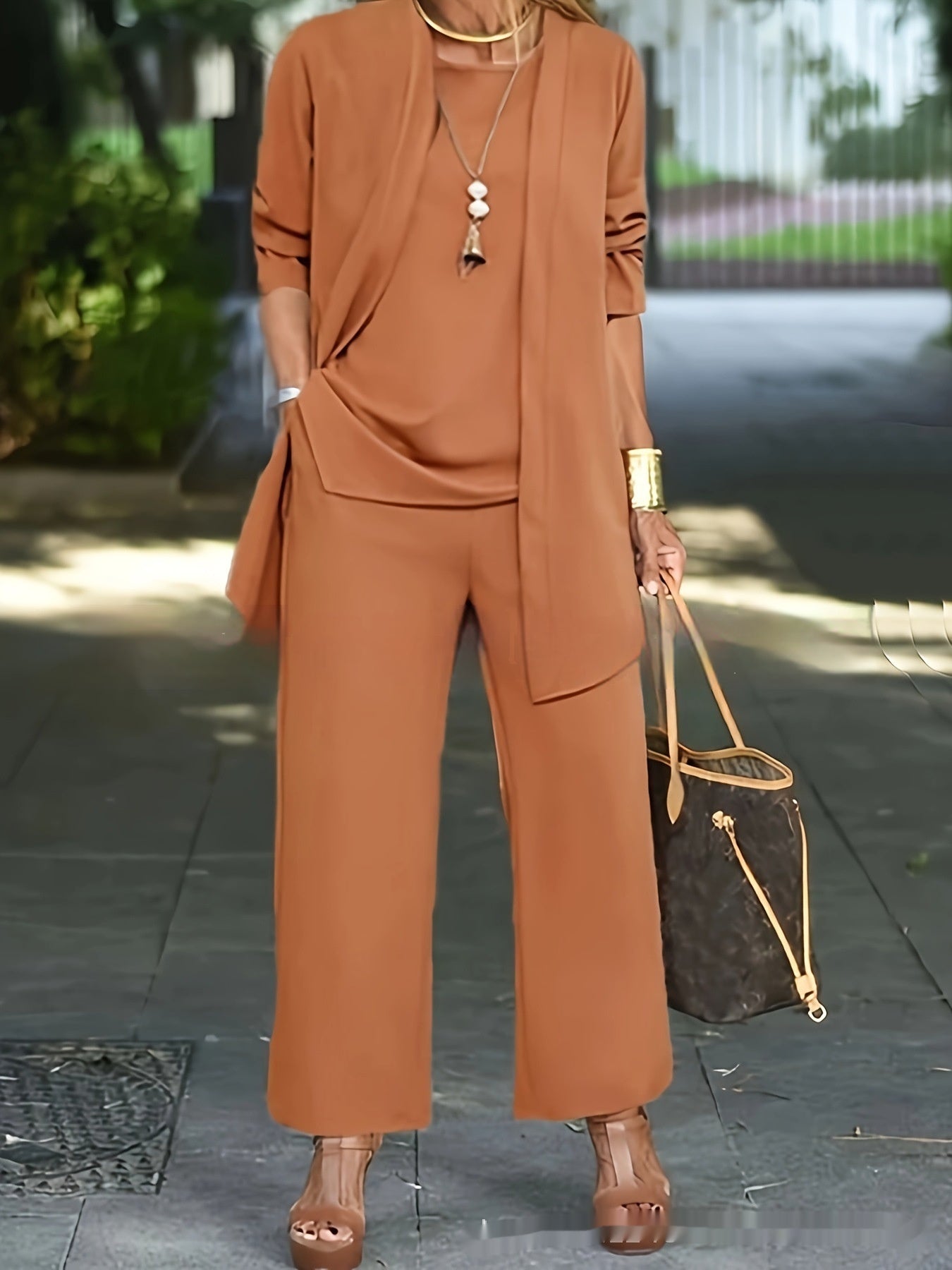 3-piece Cardigan Suit Pure Color Split Sleeveless Vest Top Long Sleeve Jacket And Wide Leg Pants Set