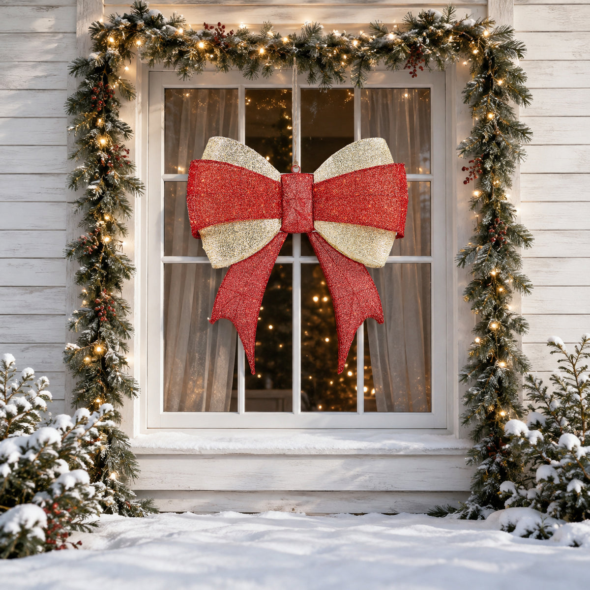 3 ft Lighted Red & Gold Christmas Bow - 200 Warm White LEDs