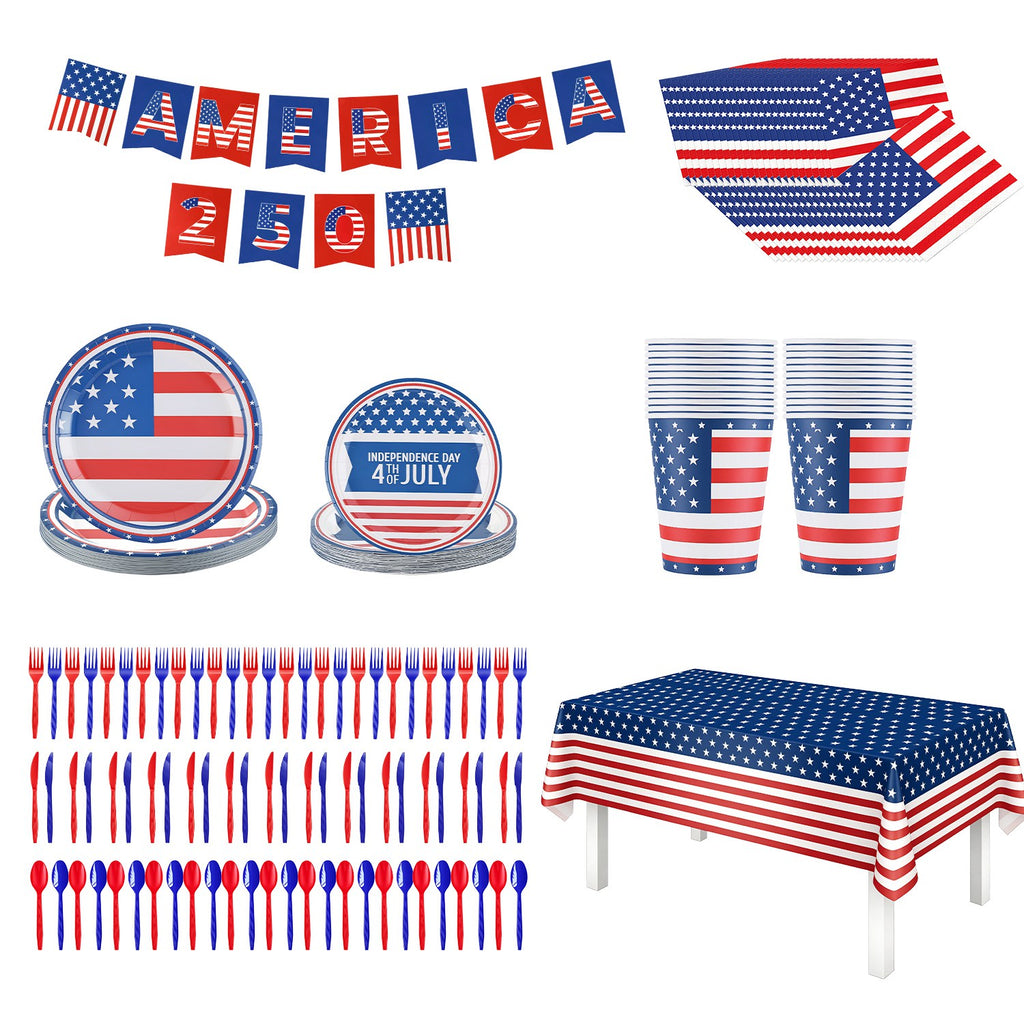 181Pcs 4th Of July 250th Anniversary Party Supplies Set Independence Day Red White Blue Disposable Tableware With Plates Cups Cutlery Napkins Banner Tablecloth Serves 24 For Memorial Day National Hol