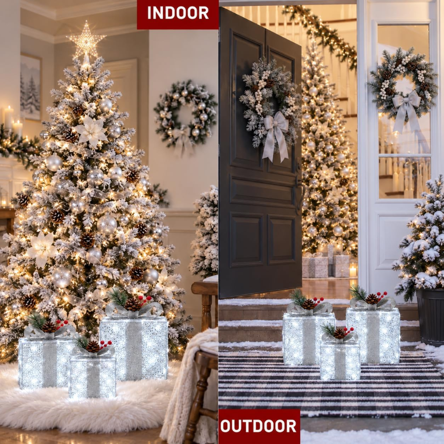 Set Of 3 Silver Christmas Lighted Boxes