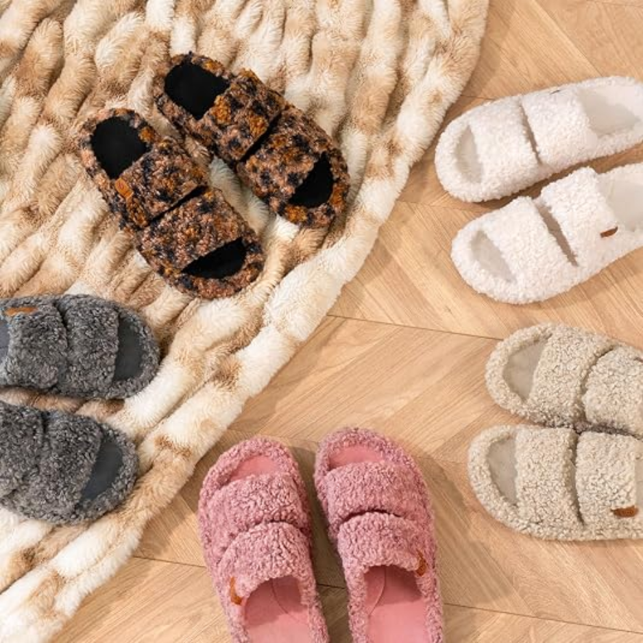 Women's Fuzzy Open-Toe Slippers, Memory Foam Indoor House Shoes Size