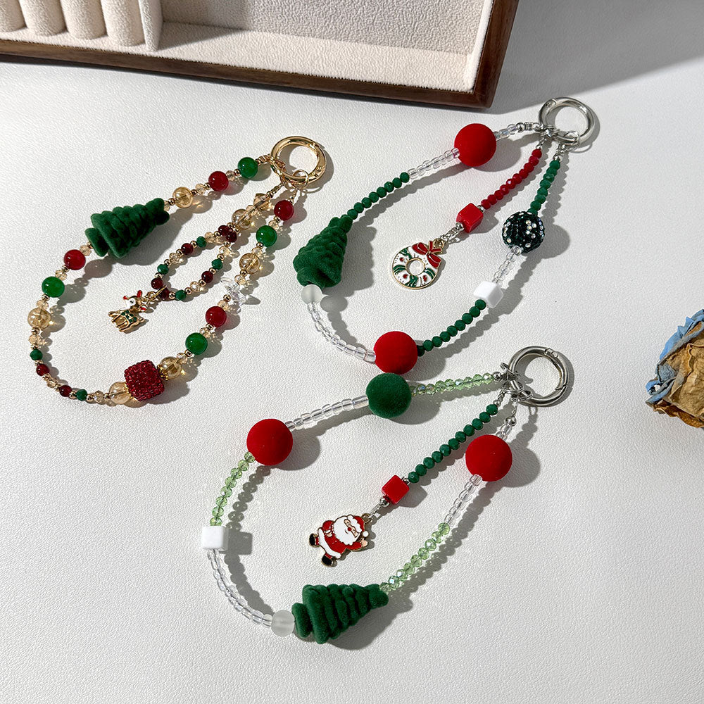 Christmas Beaded Phone Charm Strap Wristlet Santa Tree Holiday